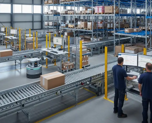 Fotorealistische Szene eines modernen Lagers mit klaren Gängen, automatisierten Förderstrecken, fahrerlosen Transportfahrzeugen und intelligenten Kommissionierplätzen