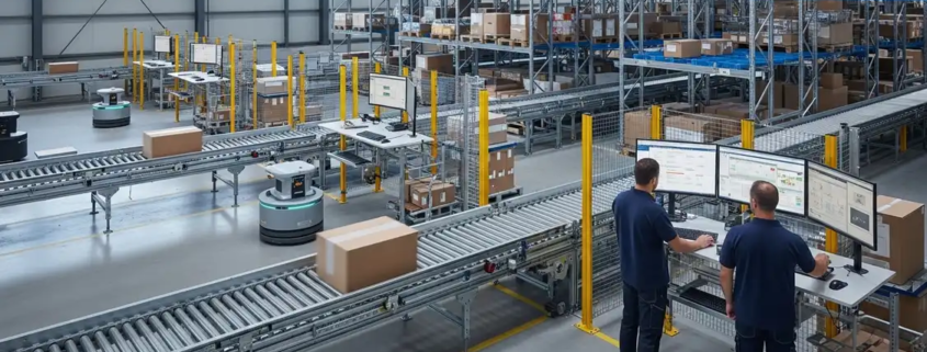 Fotorealistische Szene eines modernen Lagers mit klaren Gängen, automatisierten Förderstrecken, fahrerlosen Transportfahrzeugen und intelligenten Kommissionierplätzen